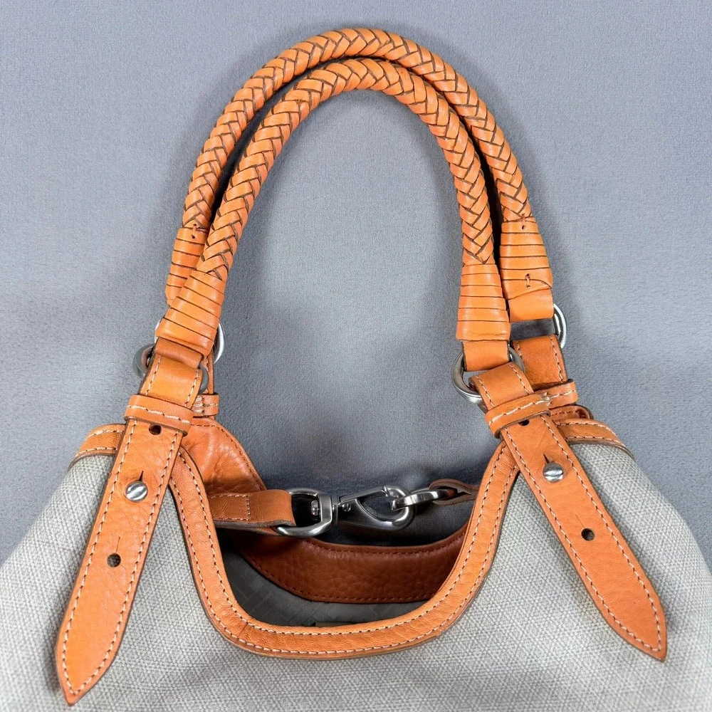 Cole Haan Genevieve Hobo Bag Canvas‎ Leather Orange Tan Large Braided Silver HW